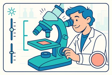 Scientist observing specimen through microscope in lab with scientific icons and light settings on abstract background. Ai generative. Ai generative
