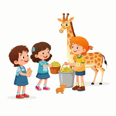 Fototapeta premium Cartoon Giraffe with Brown Spots and Long Neck Interacting with Children.