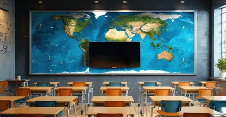 Frameless glossy television off classroom with world map posters
