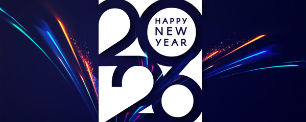 2026 Happy New Year text with bokeh and light effect. Holiday celebration banner