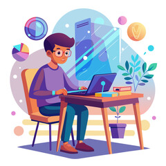 Young man working on laptop at desk with plants and charts in modern office