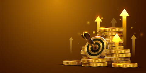 Financial Growth and Investment Success. Target hit in money coins stack, symbolizing business goals and achievement. © hobbitfoot