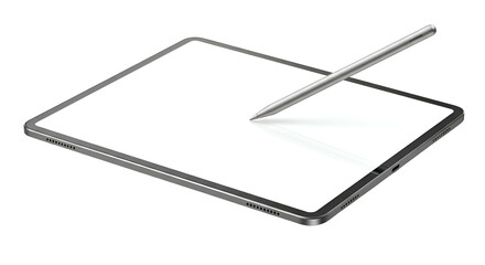 Tablet with blank screen and stylus pen on black background