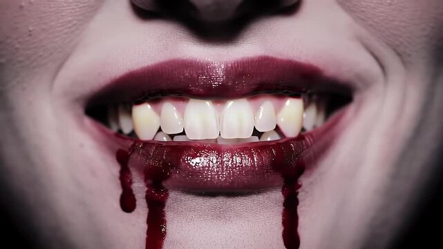Close Up of Pale Face Vampire Showing Pointed Fangs with Blood Dripping From Mouth