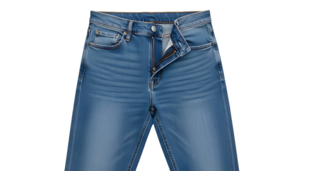 Open blue jeans, laying flat, slight wash fade, casual style