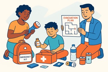 Family preparing emergency kit and evacuation plan together, surrounded by essential survival items on light background. Ai generative. Ai generative