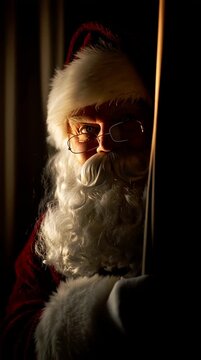 Santa Claus peeking from behind a curtain in dramatic lighting, a playful festive scene full of mystery, humor, and Christmas spirit &mdash; perfect for holiday promotions.
