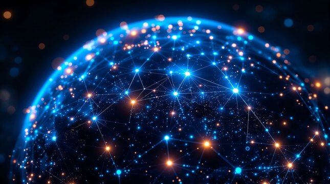 Explore global network connection technology abstract background with blue and orange lights