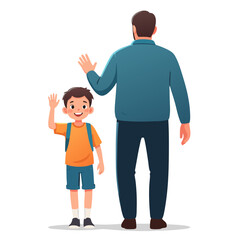 Fototapeta premium Cheerful Boy Waving Hand with Backpack Next to Adult Figure.