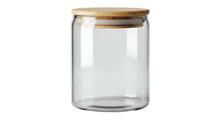Clear glass can-shaped jar with light wood lid on black background