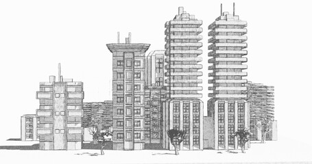 Concept of a town. Pencil style city. Drawing of buildings