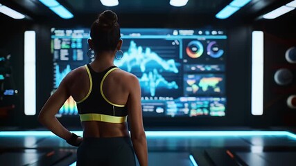 Woman Facing a Large Display with Data in Black and Blue Interior Room with Lights and Geometric Design Style - Powered by Adobe