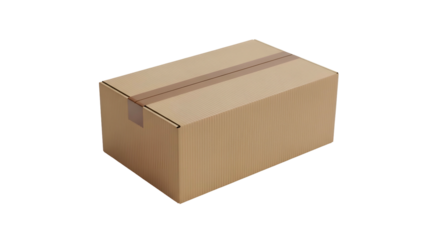 Simple cardboard box, taped shut, on a black background