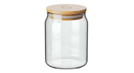 Empty glass jar with a round wooden lid against a black background