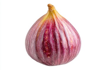 Close up studio shot of a single ripe fig with purple skin against a plain white background surface