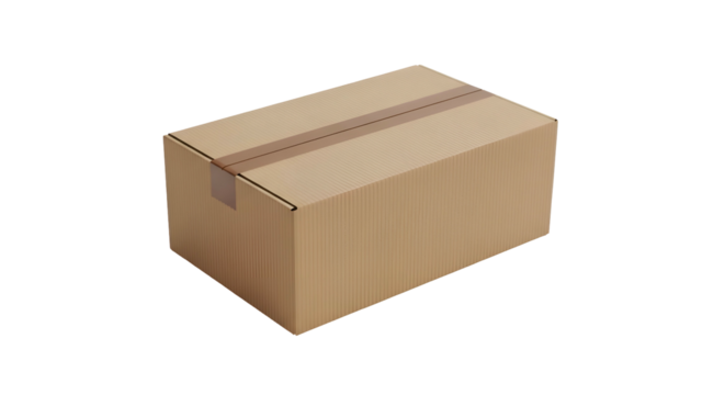 Simple cardboard box, taped shut, on a black background
