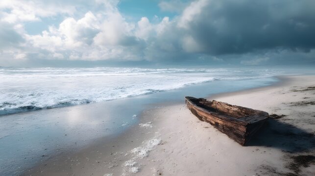 A weathered abandoned wooden boat rests on a sandy beach under a dramatic cloudy sky
