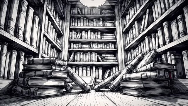 Ink Style Illustration of Book Shelves in Monochrome Library