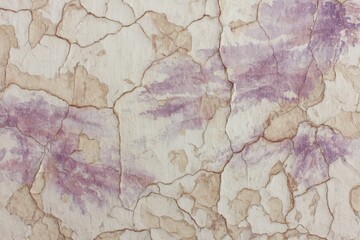 Naklejka premium A textured surface displays a network of deep cracks and subtle, muted purple hues, overlayed on a light beige foundation.
