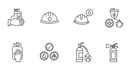 Safety first Icons depicting health construction and fire protection measures