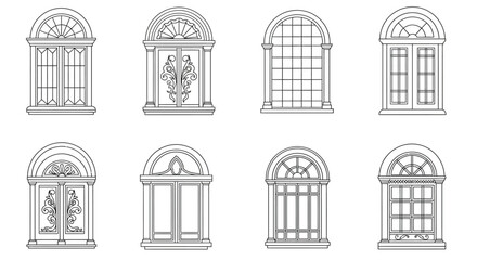 A collection of architectural arched windows in a simple black and white style