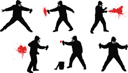 Silhouette of graffiti artist spraying paint on wall, urban street art illustration with spray cans and red paint splatter effect © Biplob Creatives