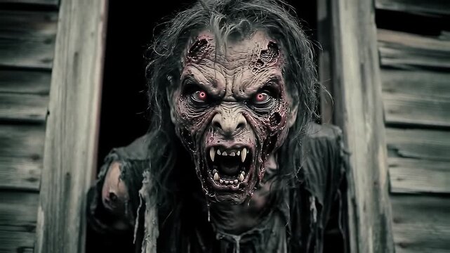 Terrifying Zombie with Red Eyes and Open Mouth in Wooden Window Frame