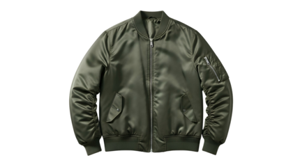 Olive green bomber jacket, full zip, angled pockets