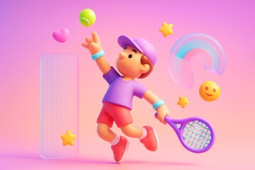 Fototapeta premium Cute cartoon tennis player hitting ball with colorful abstract shapes on light pastel background in playful sport theme. Ai generative. Ai generative