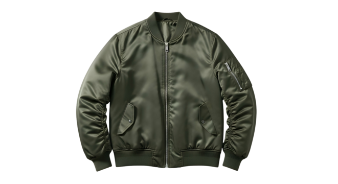 Olive green bomber jacket, full zip, angled pockets