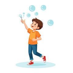 Fototapeta premium Cheerful young boy blowing iridescent soap bubbles with a wand.