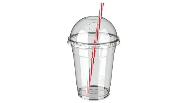 Clear plastic cup with lid, a red-striped straw inside