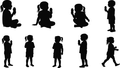 Silhouette of little girl eating ice cream, childhood happiness, summer fun, sweet treat moment, minimalist black vector design illustration