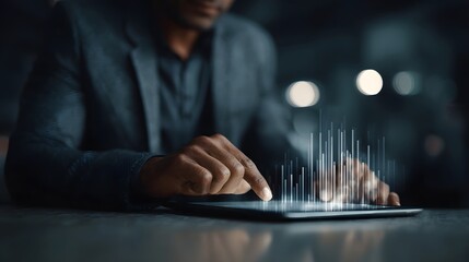 A person s hands interact with a tablet displaying glowing data visualizations symbolizing digital analysis and business technology