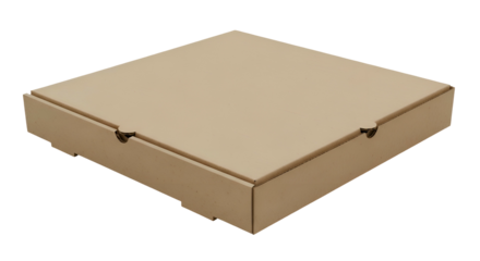 Closed, brown, square pizza box isolated on a black background