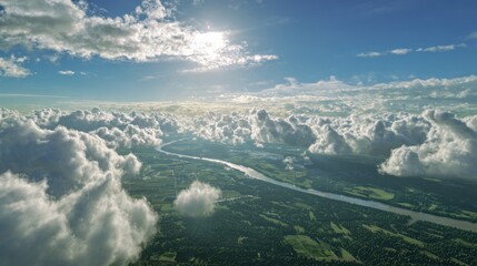 Sunlit clouds and a wide river from an aerial perspective
