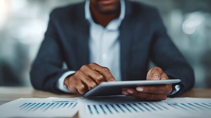 A professional man in a suit uses a tablet and analyzes data from financial charts on his desk in an office setting