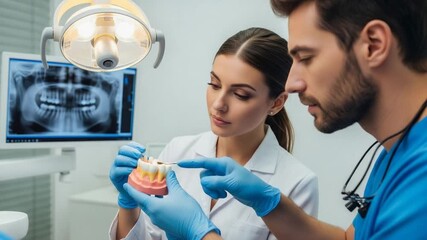 dentists discuss dental model oral care explanation