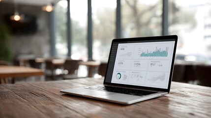 A modern laptop displaying a comprehensive business analytics dashboard with various charts and graphs on a wooden table