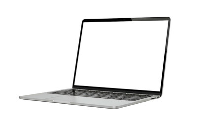 Silver laptop, screen open, keyboard visible, isolated black background