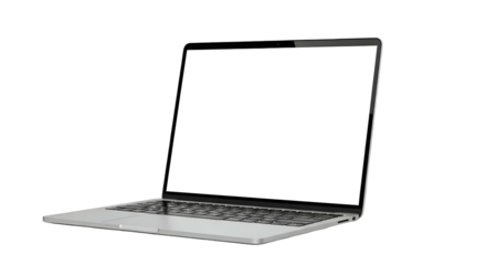 Silver laptop, screen open, keyboard visible, isolated black background