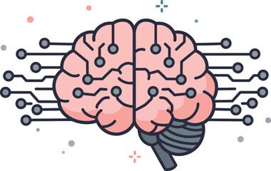 Digital brain network connected to circuits representing artificial intelligence and technology isolated on transparent background