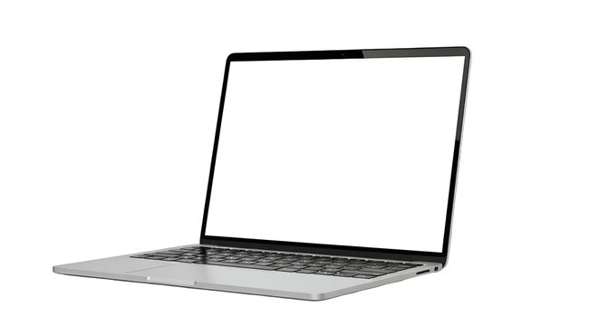 Silver laptop, screen open, keyboard visible, isolated black background