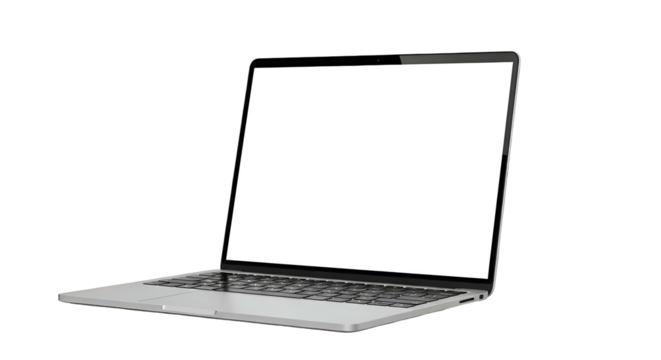 Silver laptop, screen open, keyboard visible, isolated black background