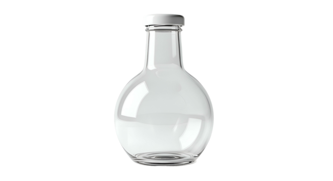 Empty glass bottle with a round body and white cap on black background