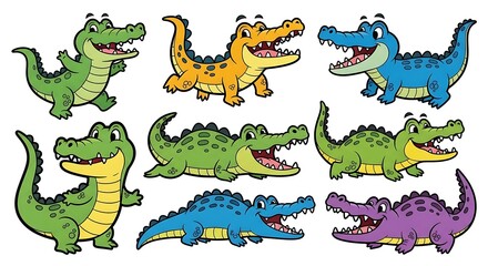 Fototapeta premium Set of cute and colorful cartoon crocodiles, isolated on white background