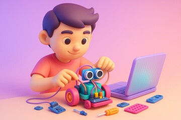 Cartoon boy assembling robot with laptop and tools on light gradient background, technology learning and coding concept for kids. Ai generative