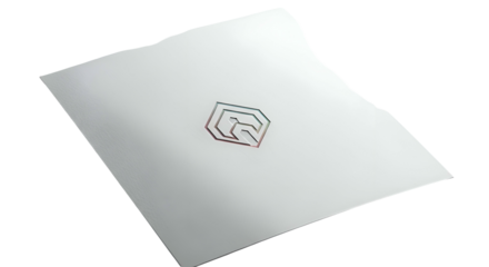 Shiny, white square sheet with central colorful geometric figure