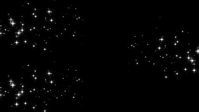 Multi-set of magic glitter line stars, shimmering particles transition on a black screen background. white cartoon, flat, vector, doodles style stars blinking, magic sparkles glitter line burst, 4K