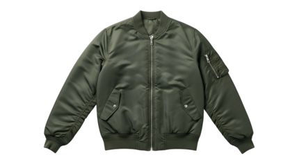 Olive-green bomber jacket. Zippered sleeve pocket on left arm